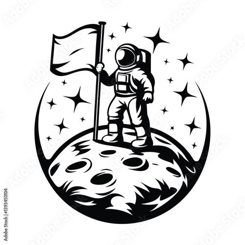 Black and White Silhouette of Astronaut Standing on Moon Holding Flag with Stars