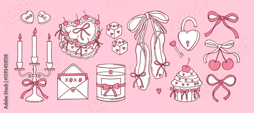 Coquette doodle pink set. Heart shaped cakes, trendy cherries, vintage bows, cupcake, envelopes, lock, key, dice, pointe shoes, candles. Hand-drawn line art vector illustration