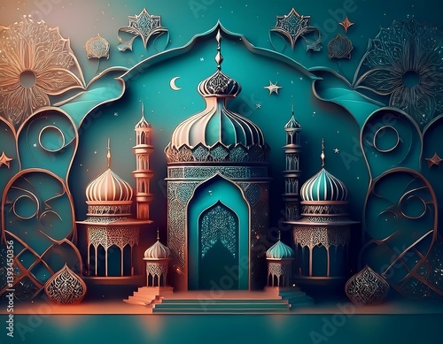 Amidst the night sky, a mosque's architecture stands illuminated, a beacon of religion in the city, with a star-like lantern adding a festive touch
