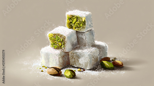 Classic Turkish delight featuring pistachios and a dusting of powdered sugar.  