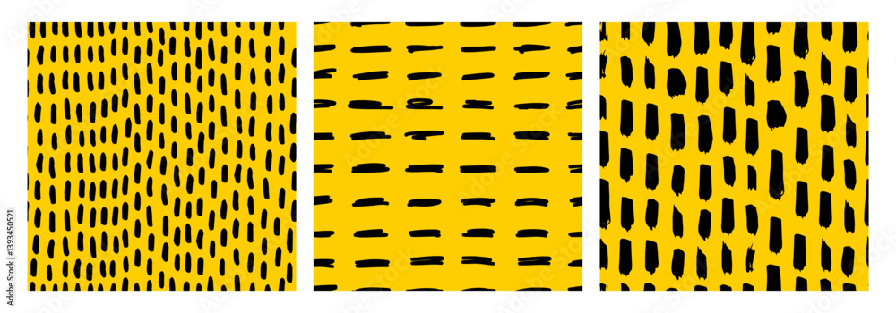 Seamless small dash pattern with bold hand drawn brush strokes on a yellow background. Modern and organic texture for fabric, wallpaper, wrapping paper, and digital designs. Trendy abstract style