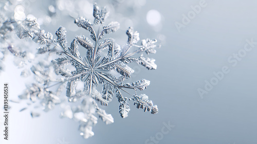 Close-up of a snowflakes crystal structure, showcasing winter beauty and natural patterns, displayed against a white background.  