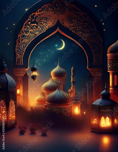 Amidst the night sky, a mosque's architecture stands illuminated, a beacon of religion in the city, with a star-like lantern adding a festive touch