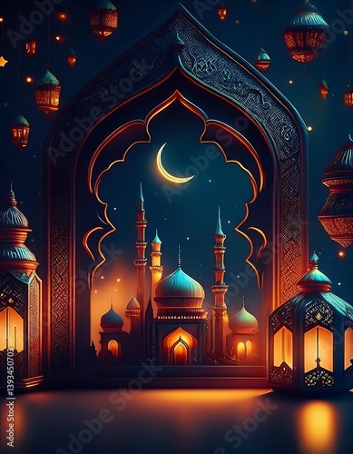 Amidst the night sky, a mosque's architecture stands illuminated, a beacon of religion in the city, with a star-like lantern adding a festive touch