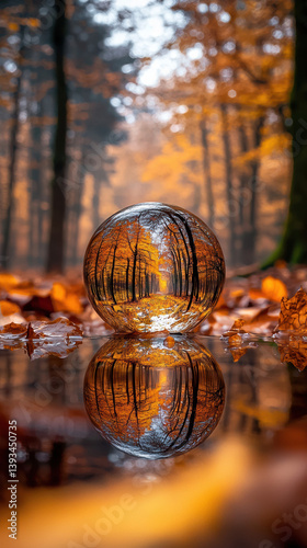 A crystal ball sits on autumn leaves reflecting a vibrant fall forest scene with golden trees and a tranquil path appea inverted within the sphere.