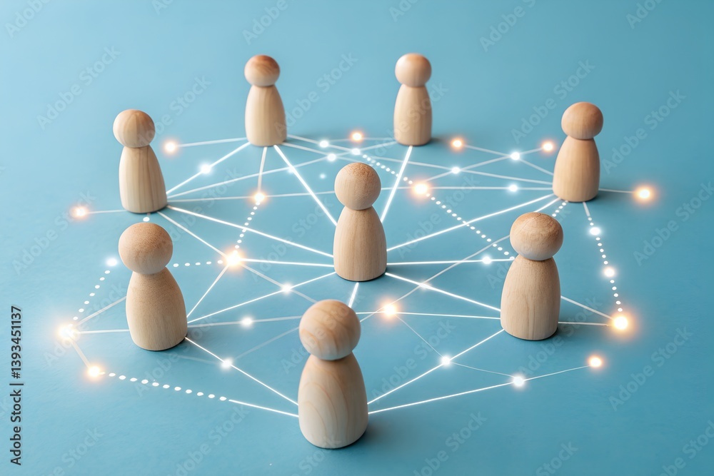 Obraz premium Networked connections: Wooden figures linked by glowing lines, symbolizing digital and human networks on a teal backdrop. Capturing collaboration, integration and communication