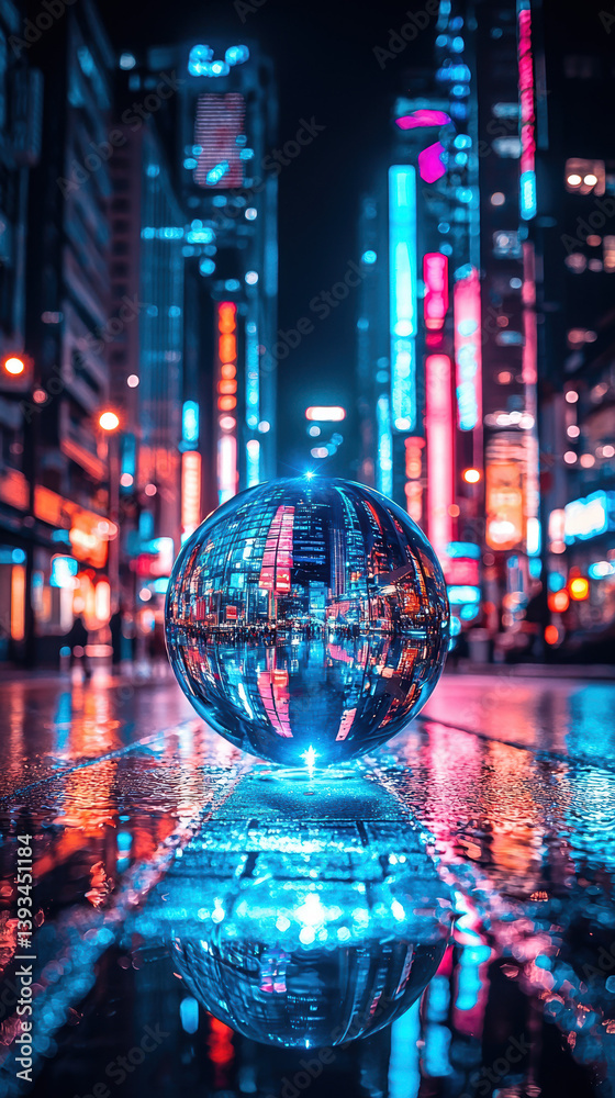 Obraz premium A crystal ball reflects the vibrant neon lights and glistening rain-slicked streets of a futuristic cityscape at night showcasing architectural marvels and urban energy.