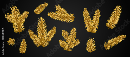 Set of Merry Christmas fir tree golden branches. Vector illustration. Winter holiday icons, evergreen pine parts. Xmas and New Year gold conifer plant elements isolated on black background