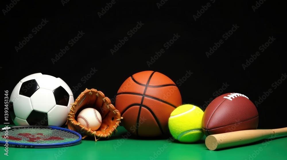 Collection of various sports equipment on green surface