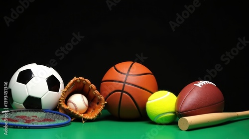 Collection of various sports equipment on green surface
