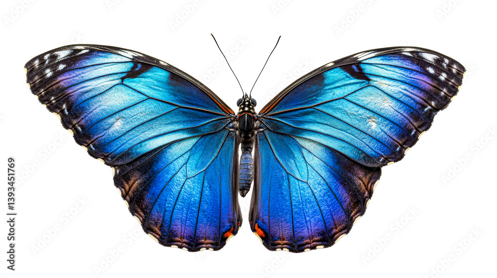 Obraz premium Iridescent Morpho butterfly with intricate wing patterns, cut out transparent