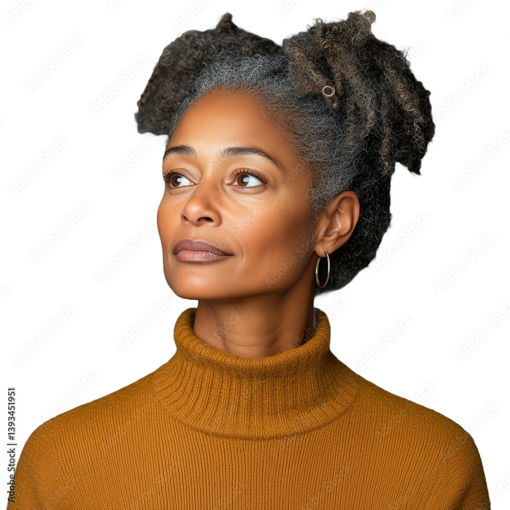 Woman with short curly hair wearing a mustardcolored turtleneck on a transparent background