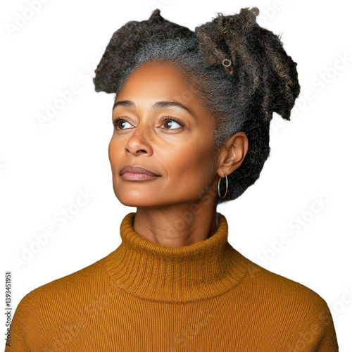 Obraz na płótnie Woman with short curly hair wearing a mustardcolored turtleneck on a transparent background w salonie