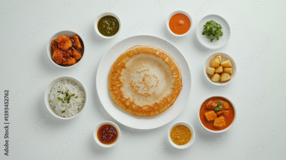 An overhead shot of a dosa on a white plate, with various side dishes like potato filling, chutneys, and sambar arranged around it on a white background.