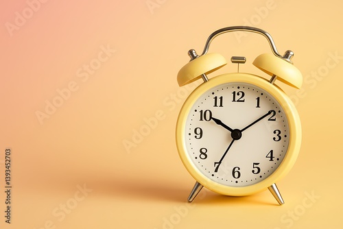 Yellow alarm clock pointing at ten past two. Time management reminder, punctuality concept for daily routine, alarm for wake-up, deadline, promotion, sale announcement