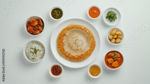 Obraz na płótnie An overhead shot of a dosa on a white plate, with various side dishes like potato filling, chutneys, and sambar arranged around it on a white background. w salonie