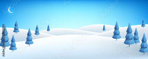 Winter landscape scenery poster 3d style. Vector illustration. Merry Christmas scene poster, pine tree, snowy mountain, snowdrift hills. Happy New year 2026 cartoon concept, header banner