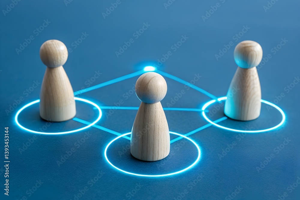Obraz premium Network of Minds: This image encapsulates the core concept of networking, interconnection, and collaboration, featuring three stylized wooden figures interconnected by lines.