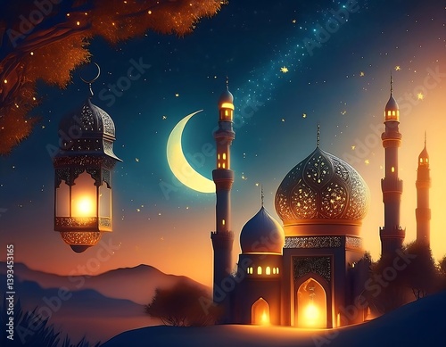 Amidst the night sky, a mosque's architecture stands illuminated, a beacon of religion in the city, with a star-like lantern adding a festive touch