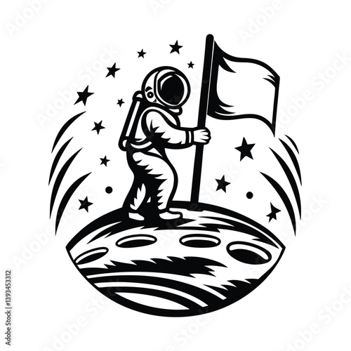 Retro Spaceman Silhouette Planting Flag on Lunar Surface with Crater Detail and Stars