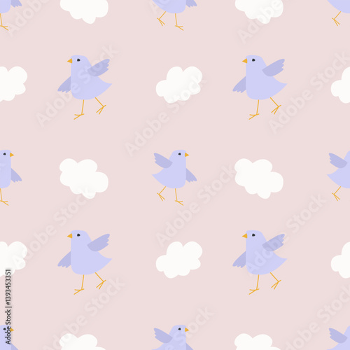 Vector. Seamless pattern with cute cartoon birds on light background. Animal kids print design in flat style. For textiles, clothing, bed linen, office supplies.
