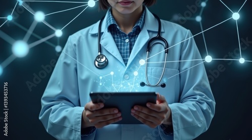 Doctor using digital tablet with futuristic network interface in healthcare setting