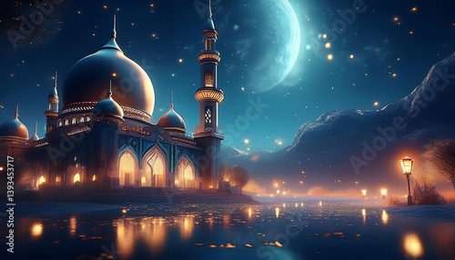 Amidst the night sky, a mosque's architecture stands illuminated, a beacon of religion in the city, with a star-like lantern adding a festive touch