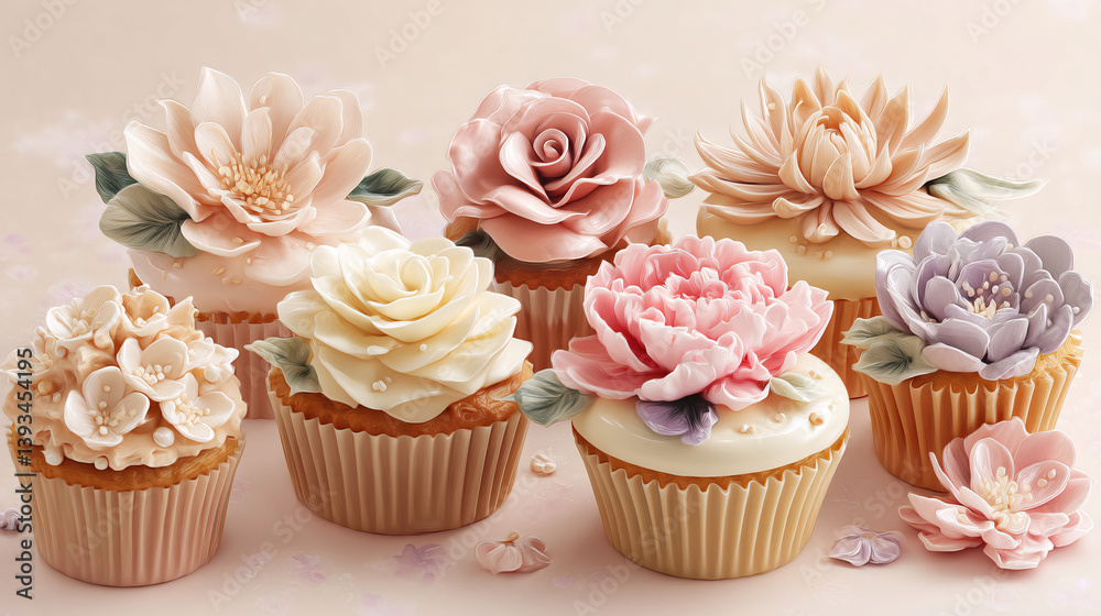 Cupcakes decorated with beautifully piped buttercream flowers in soft, pale shades. Cupcakes decorated with beautifully piped buttercream flowers in soft, pale shades.