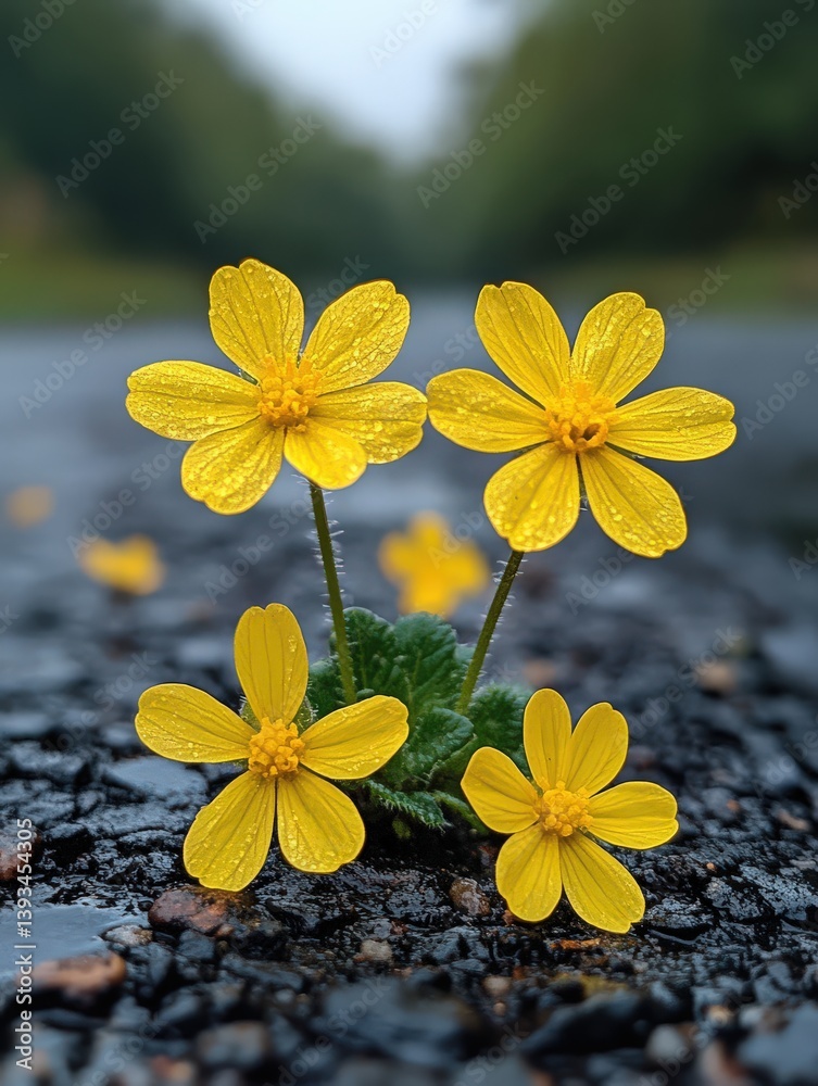 Fototapeta premium Bright yellow T shaped flowers emerge from the damp earth showcasing their lush petals in a serene spring moment. Natures beauty thrives on the ground after a refreshing rain