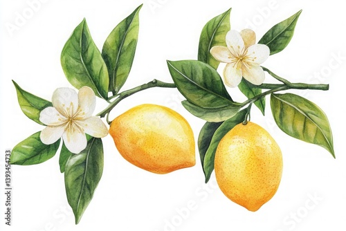 Watercolor illustration of two yellow lemons on a branch with green leaves and blooming white flowers, painted in a botanical and natural style.