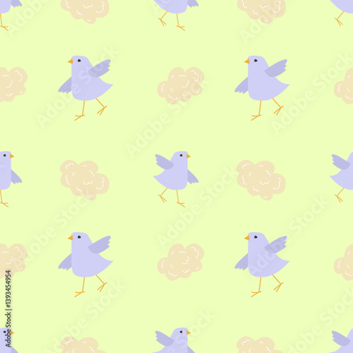 Vector. Seamless pattern with cute cartoon birds on light background. Animal kids print design in flat style. For textiles, clothing, bed linen, office supplies.