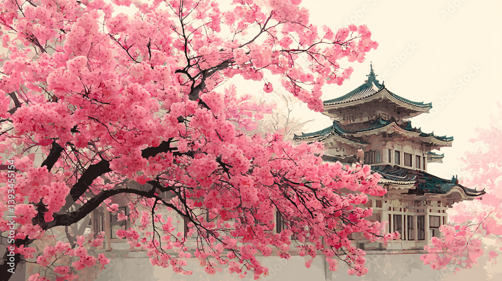 Delicate pink cherry blossoms surround a historic Japanese temple, creating a traditional scene with a light-colored backdrop. Delicate pink cherry blossoms surround a historic Japanese temple, creating a traditional scene with a light-colored backdrop.