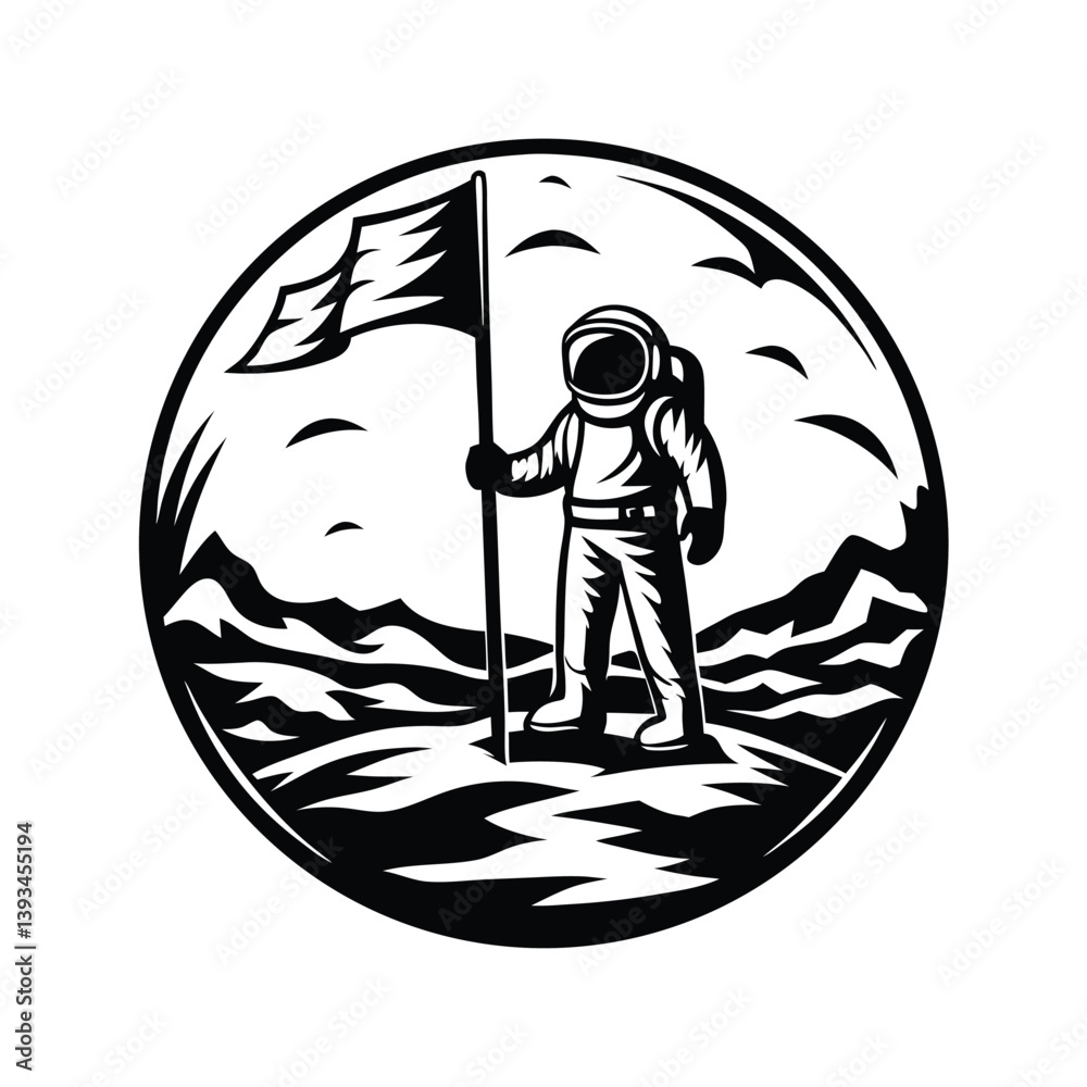 Obraz premium Monochrome Spaceman with Flag Standing on Lunar Surface Encapsulated in a Circle