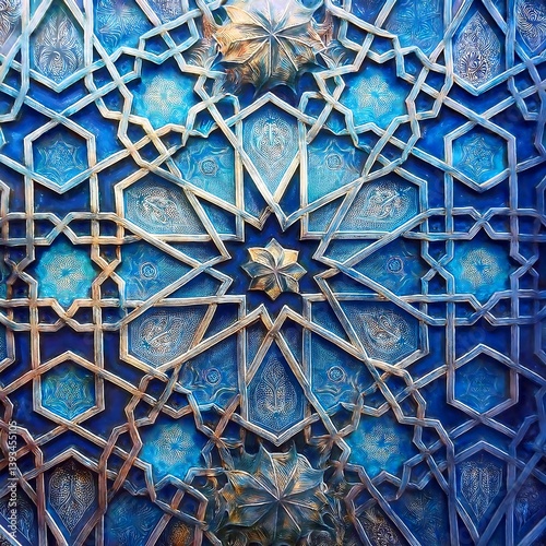 Amidst the night sky, a mosque's architecture stands illuminated, a beacon of religion in the city, with a star-like lantern adding a festive touch