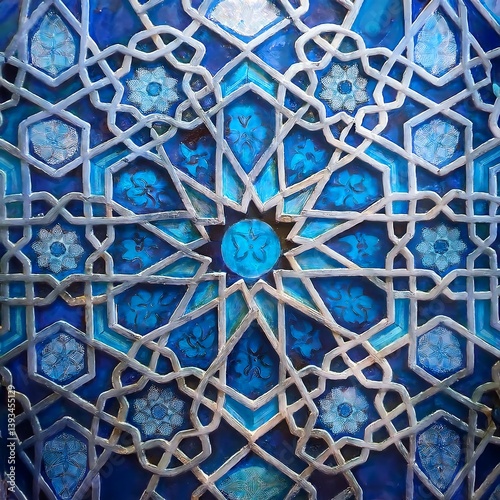 Amidst the night sky, a mosque's architecture stands illuminated, a beacon of religion in the city, with a star-like lantern adding a festive touch