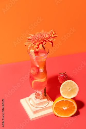 Glass of citrus cocktail with strawberry, lemon, orange and flower on color background