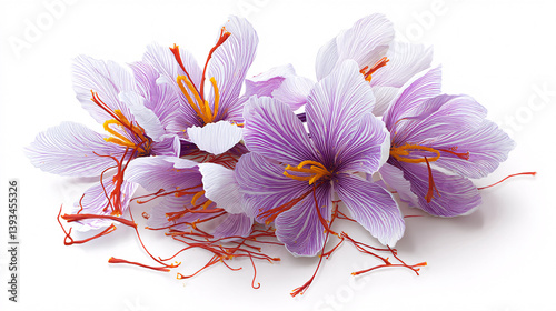 Delicate saffron strands are collected from crocus blossomsthis prized spice is the most costly in the world, and is shown against a white background.  