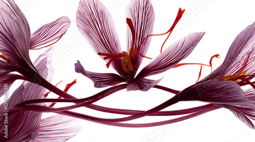 Delicate saffron strands are collected from crocus blossomsthis prized spice is the most costly in the world, and is shown against a white background.  
