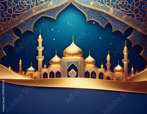 Amidst the night sky, a mosque's architecture stands illuminated, a beacon of religion in the city, with a star-like lantern adding a festive touch