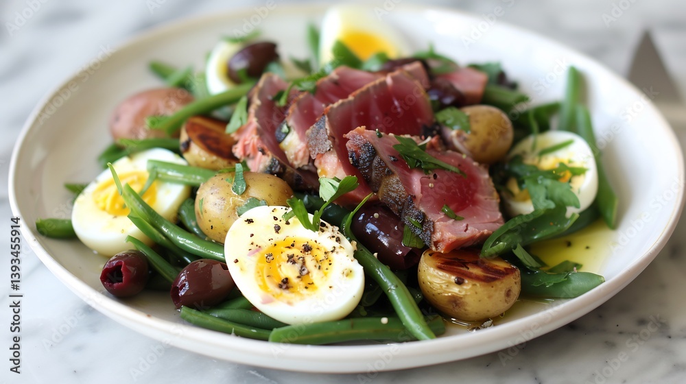 Delicious Nioise salad seared tuna baby potatoes green beans olives and boiled eggs carefully plated on a white ceramic dish with a light dressing drizzle Delicious Nioise salad seared tuna baby potatoes green beans olives and boiled eggs carefully plated on a white ceramic dish with a light dressing drizzle
