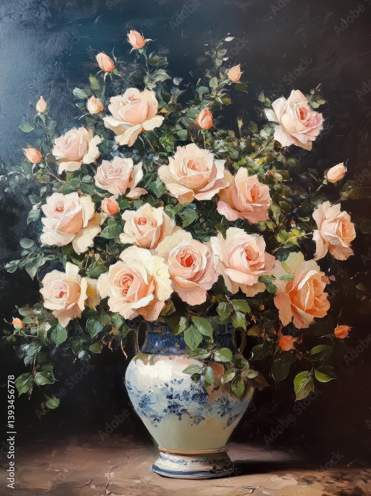 Fototapeta premium Light pink roses are elegantly displayed in a detailed vase