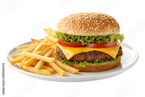 Delicious cheeseburger with french fries on white plate on transparent background