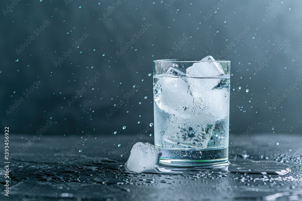 Cold glass of water with ice cubes splashing on dark surface in a refreshing moment Cold glass of water with ice cubes splashing on dark surface in a refreshing moment