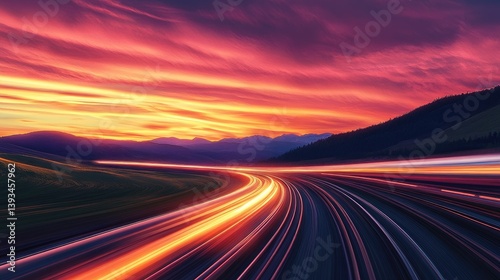 A high-speed train speeding along its tracks, captured at sunset with the sky painted in warm orange and pink hues, highlighting the beauty of travel.