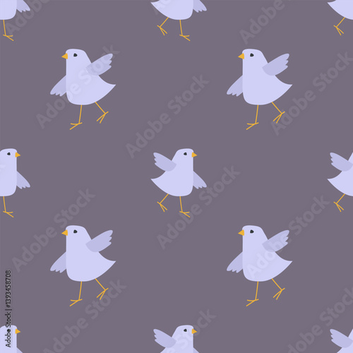 Vector. Seamless pattern with cute cartoon birds on dark background. Animal kids print design in flat style. For textiles, clothing, bed linen, office supplies.