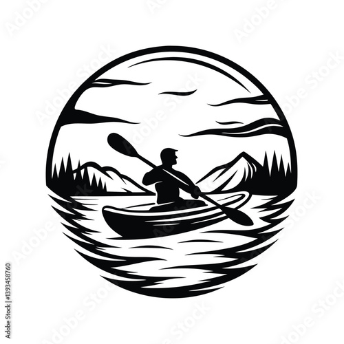 Silhouette Paddler Kayaking in Nature with Mountains, Trees and Water