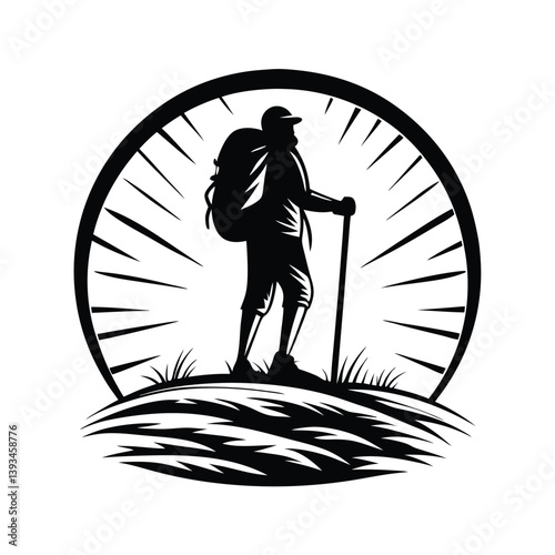 a backpacker with a walking stick silhouette