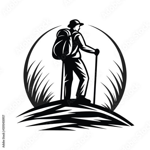 a backpacker with a walking stick silhouette