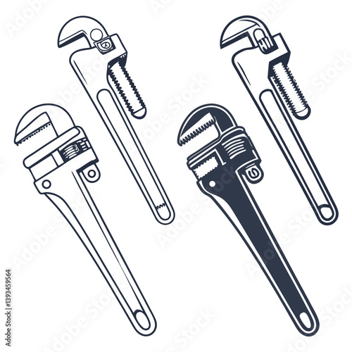Silhouette of Four Metal Adjustable Pipe Wrenches Isolated on White Background
