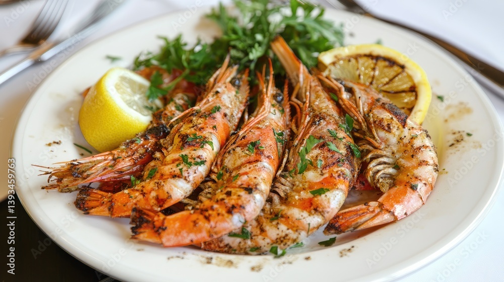 A plate of perfectly grilled shrimp with a garnish of fresh greens and a slice of lemon, capturing the delicious, ready-to-eat presentation. A plate of perfectly grilled shrimp with a garnish of fresh greens and a slice of lemon, capturing the delicious, ready-to-eat presentation.